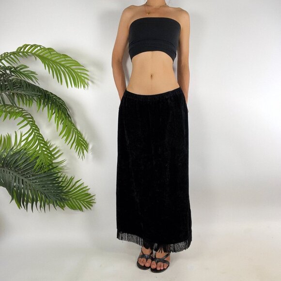 Vintage 90s Black Velvet Whimsygoth Fairy Grunge Low Rise Boho Maxi Skirt / L - Picture 3 of 7